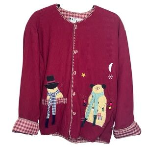 Vintage Folksy 3D Red Christmas Cardigan Stitched Snowman Design 1 pocket Sz XL